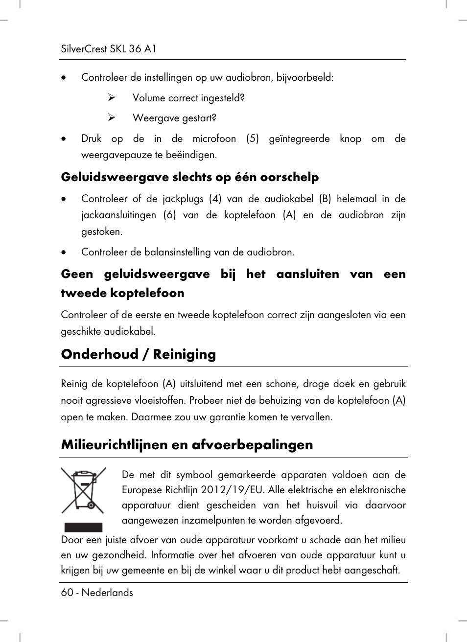 Onderhoud / reiniging, Milieurichtlijnen en afvoerbepalingen | Silvercrest SKL 36 A1 User Manual | Page 62 / 80