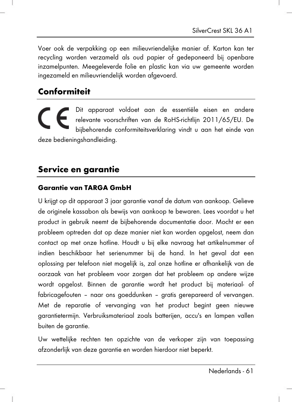 Conformiteit, Service en garantie | Silvercrest SKL 36 A1 User Manual | Page 63 / 80