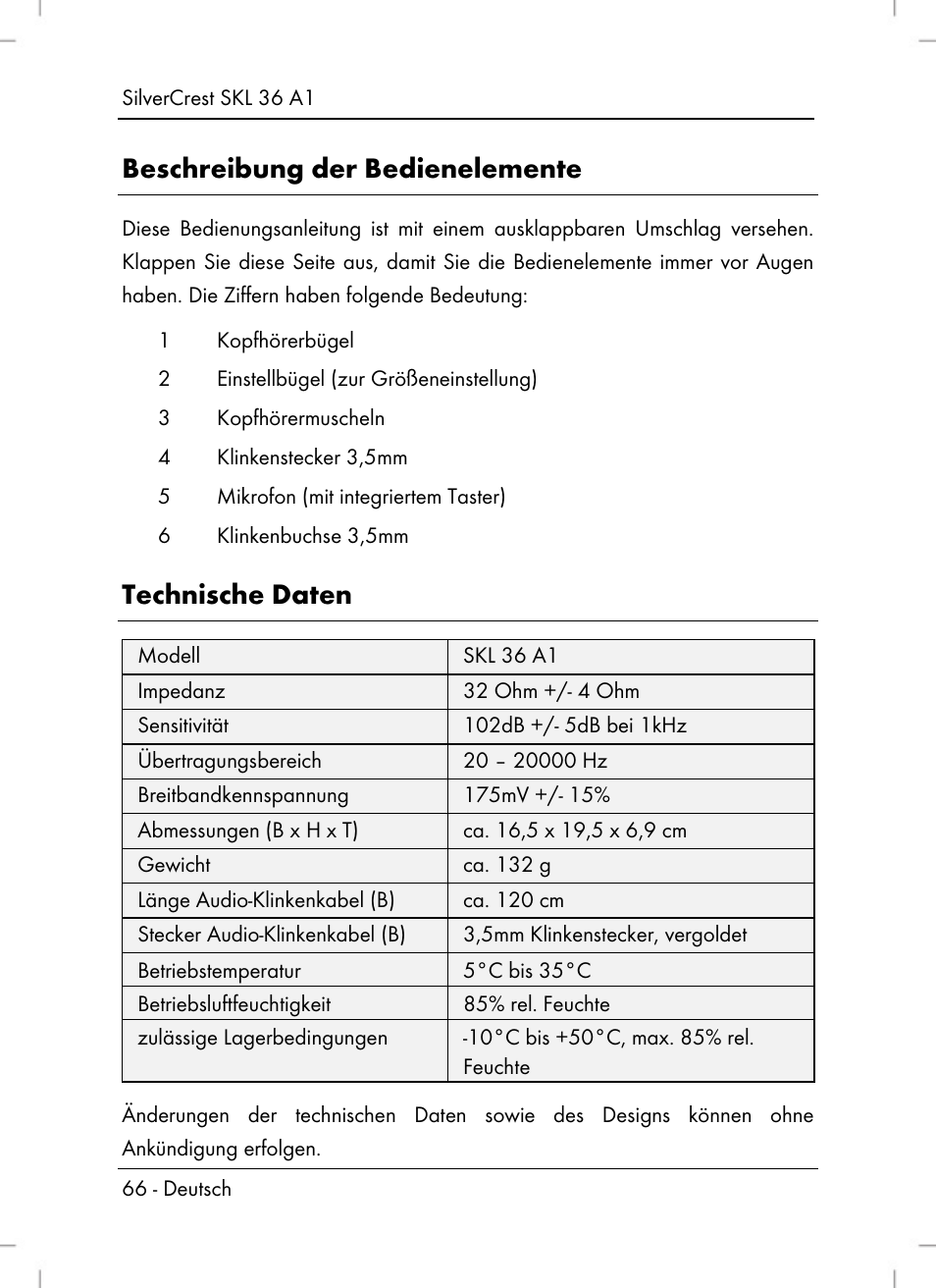 Beschreibung der bedienelemente, Technische daten | Silvercrest SKL 36 A1 User Manual | Page 68 / 80