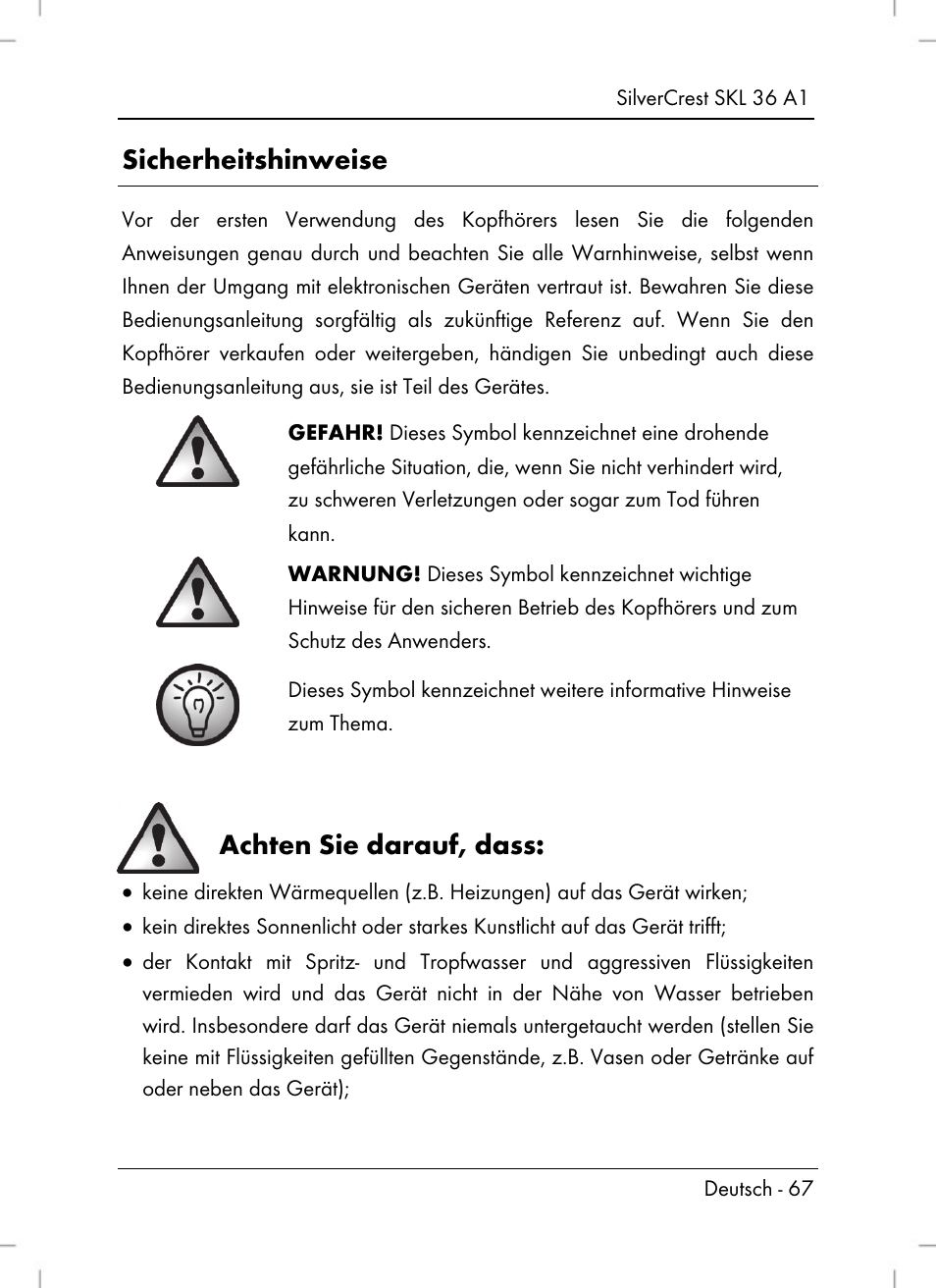 Sicherheitshinweise, Achten sie darauf, dass | Silvercrest SKL 36 A1 User Manual | Page 69 / 80