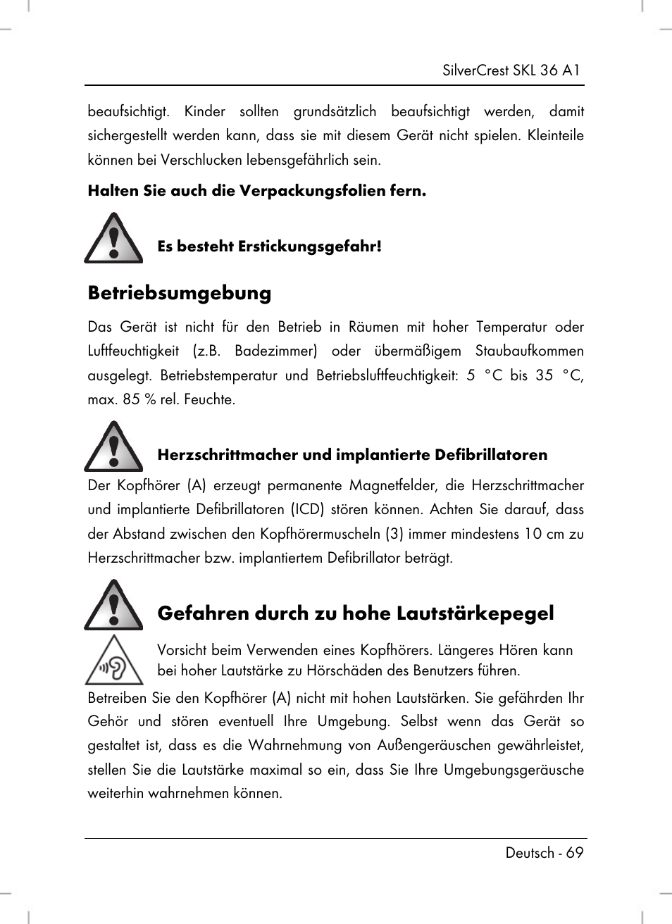 Betriebsumgebung, Gefahren durch zu hohe lautstärkepegel | Silvercrest SKL 36 A1 User Manual | Page 71 / 80