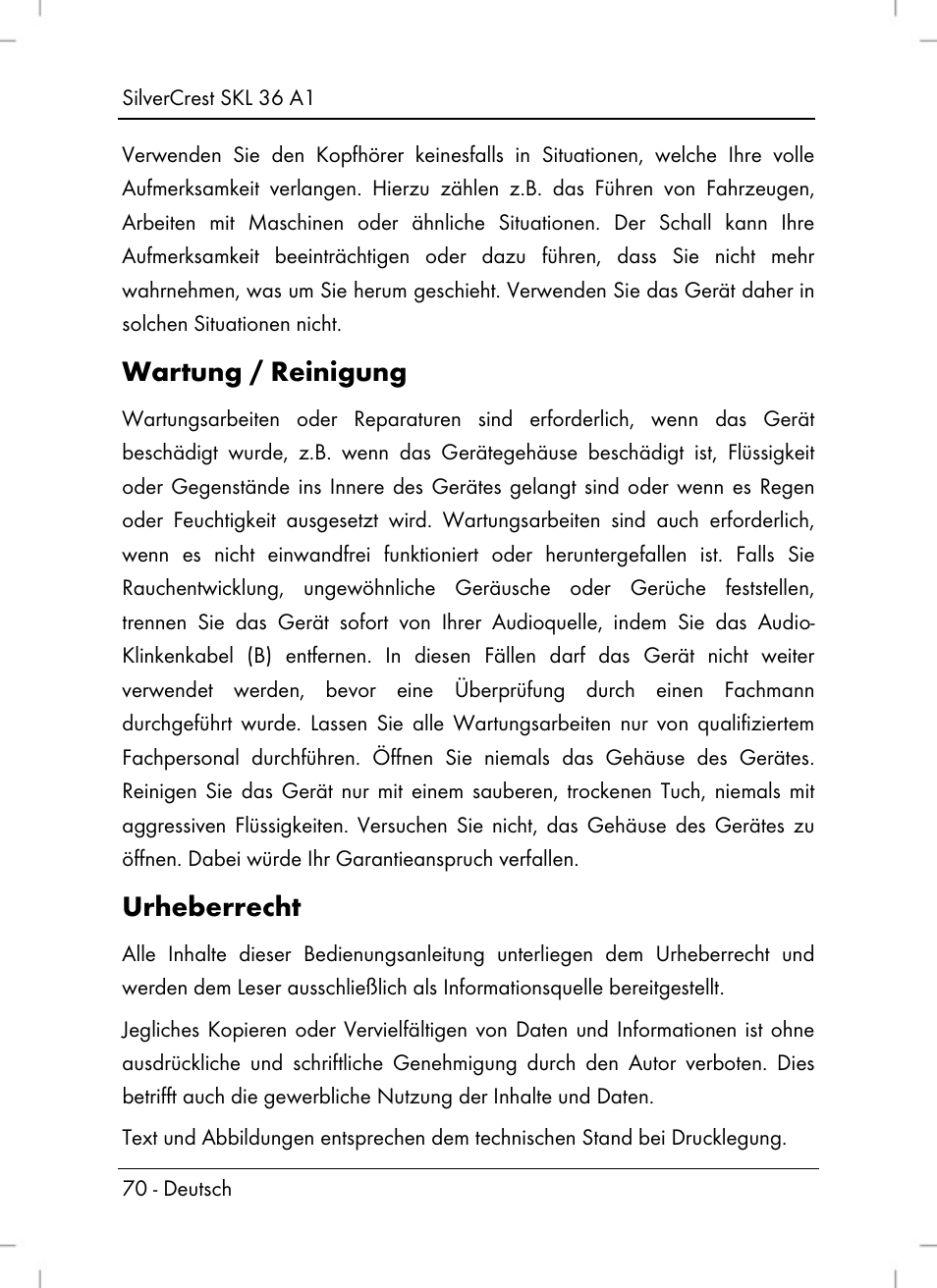 Wartung / reinigung, Urheberrecht | Silvercrest SKL 36 A1 User Manual | Page 72 / 80