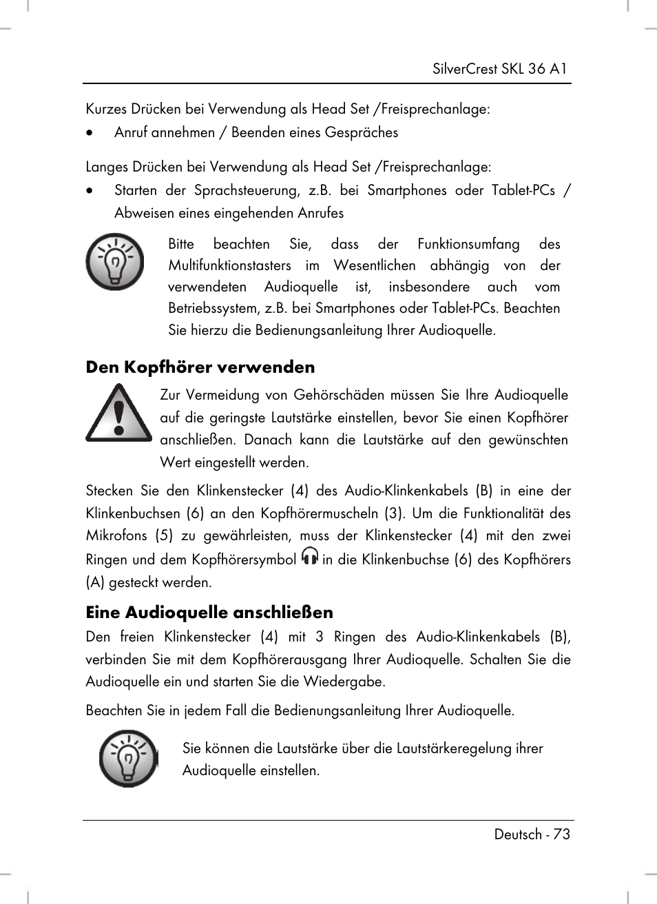 Den kopfhörer verwenden, Eine audioquelle anschließen | Silvercrest SKL 36 A1 User Manual | Page 75 / 80