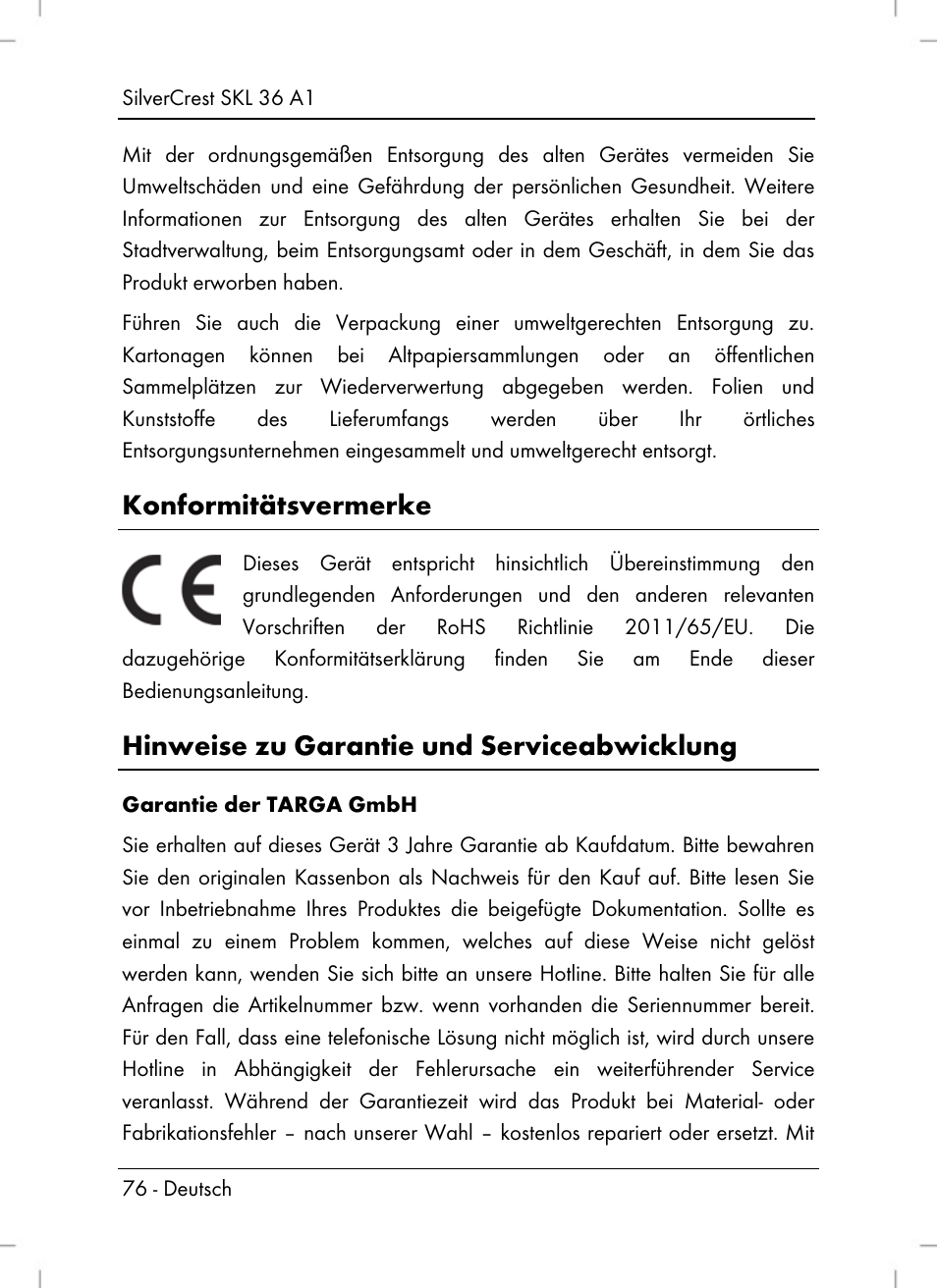 Konformitätsvermerke, Hinweise zu garantie und serviceabwicklung | Silvercrest SKL 36 A1 User Manual | Page 78 / 80