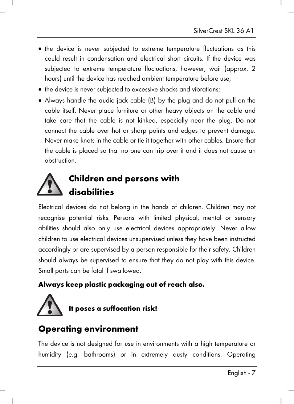 Children and persons with disabilities, Operating environment | Silvercrest SKL 36 A1 User Manual | Page 9 / 80