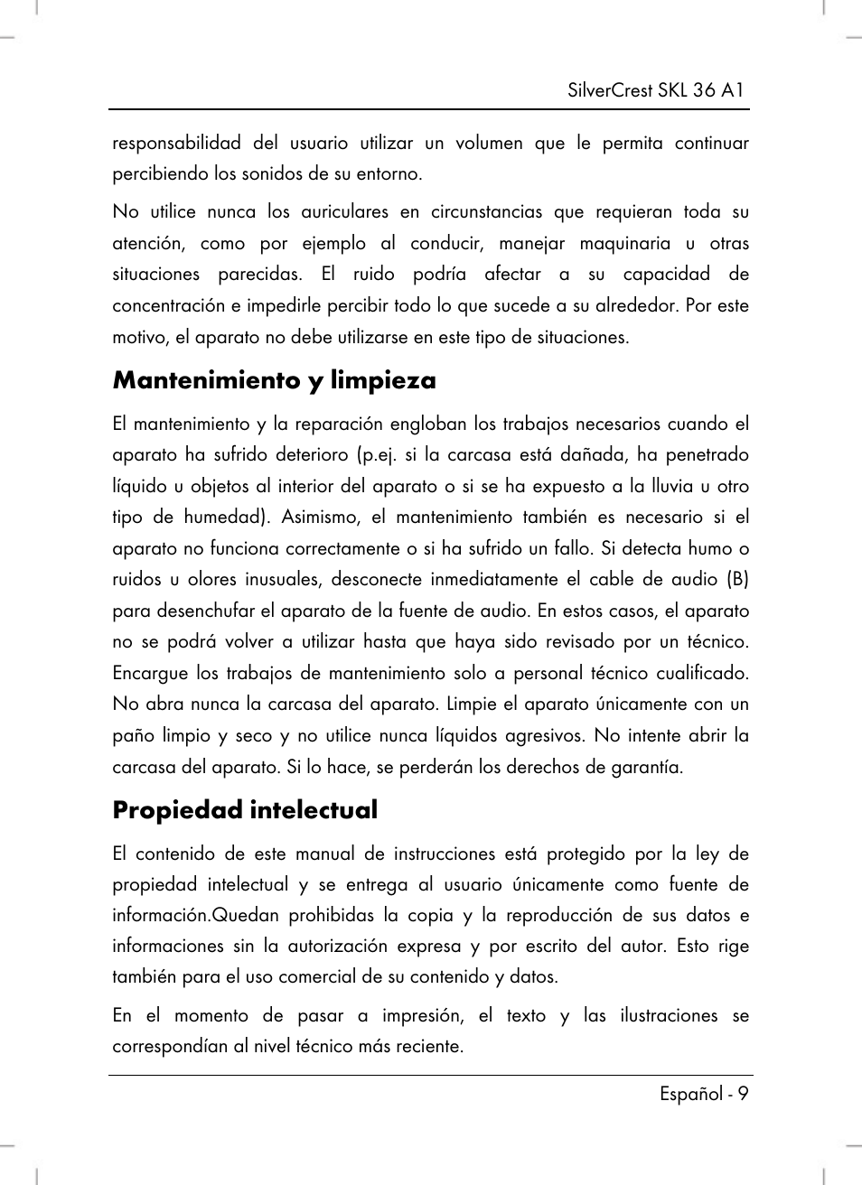 Mantenimiento y limpieza, Propiedad intelectual | Silvercrest SKL 36 A1 User Manual | Page 11 / 64