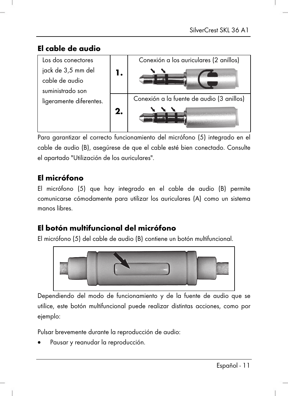 El cable de audio, El micrófono, El botón multifuncional del micrófono | Silvercrest SKL 36 A1 User Manual | Page 13 / 64