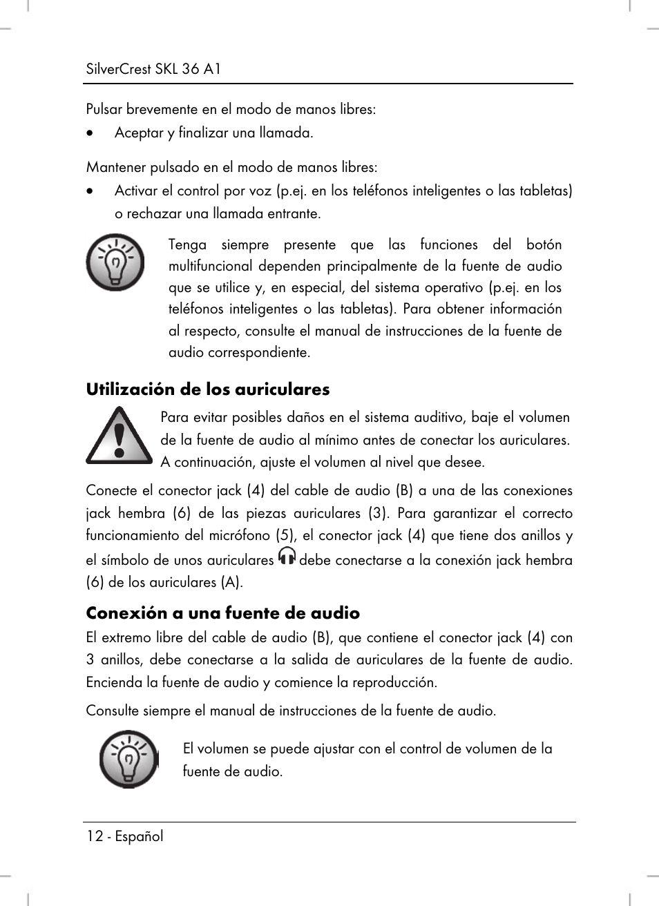 Utilización de los auriculares, Conexión a una fuente de audio | Silvercrest SKL 36 A1 User Manual | Page 14 / 64