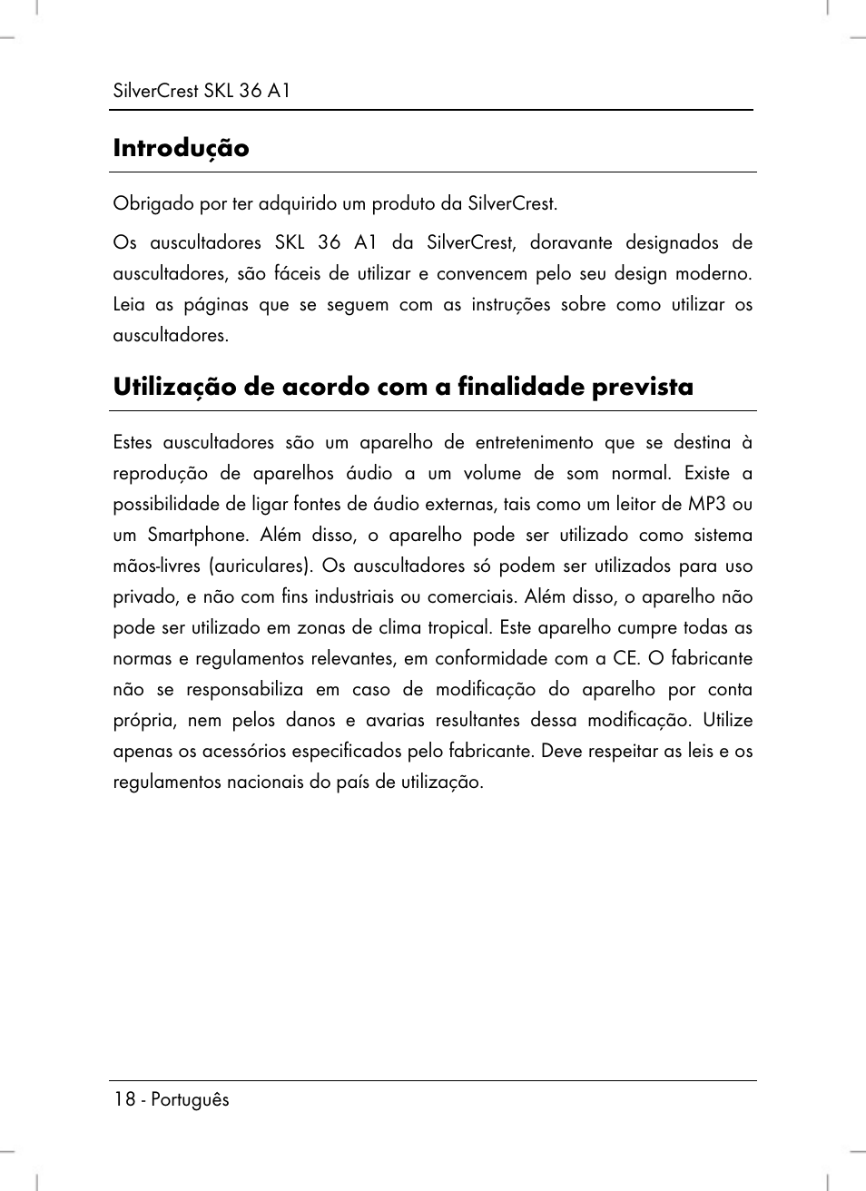 Introdução, Utilização de acordo com a finalidade prevista | Silvercrest SKL 36 A1 User Manual | Page 20 / 64