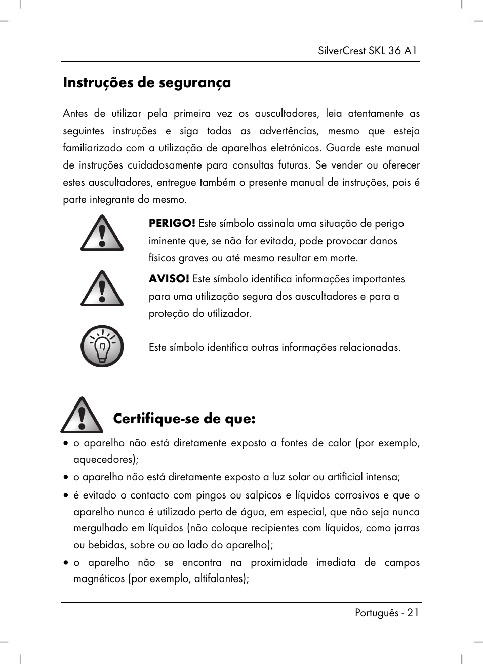 Instruções de segurança, Certifique-se de que | Silvercrest SKL 36 A1 User Manual | Page 23 / 64
