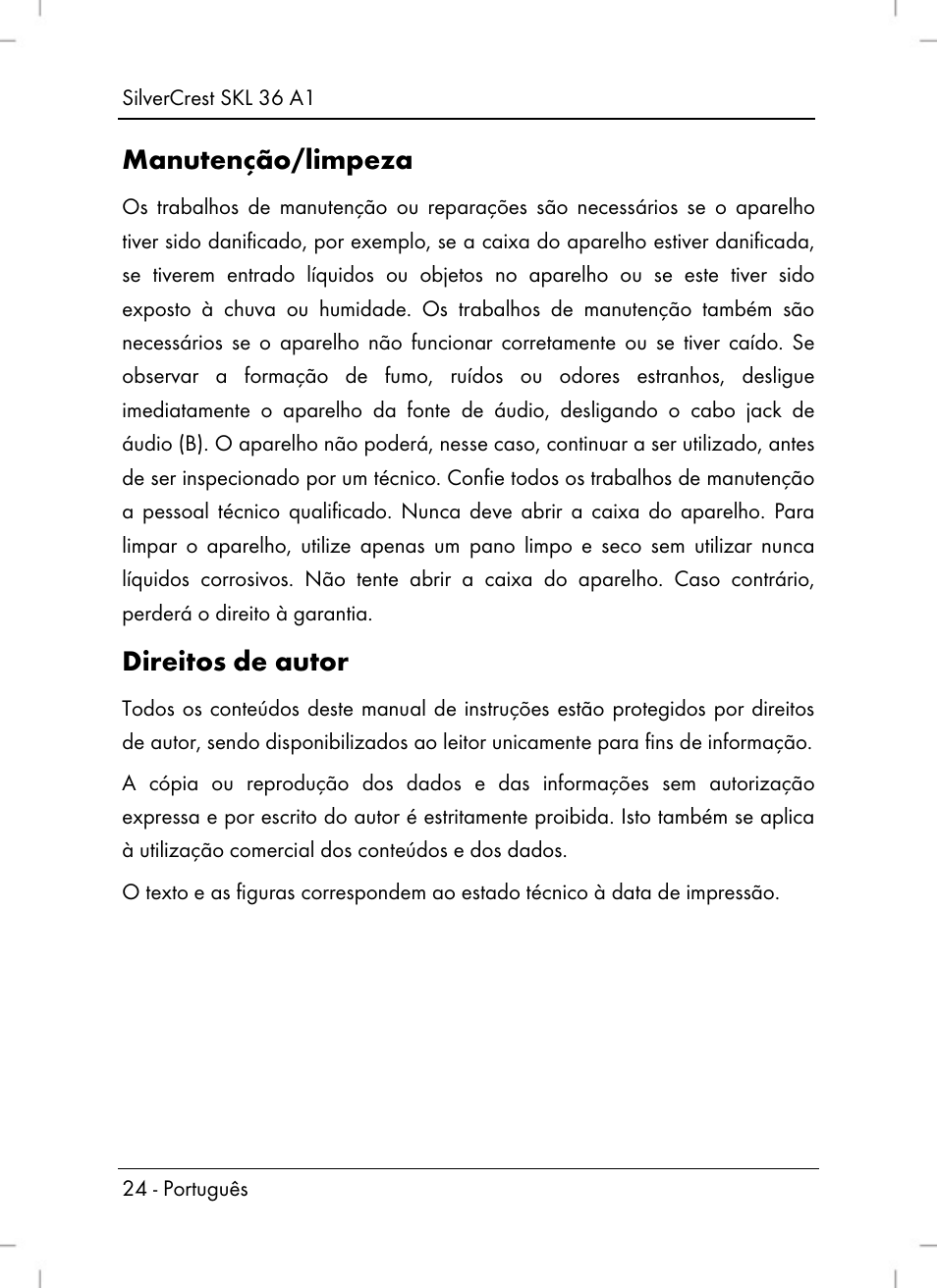 Manutenção/limpeza, Direitos de autor | Silvercrest SKL 36 A1 User Manual | Page 26 / 64