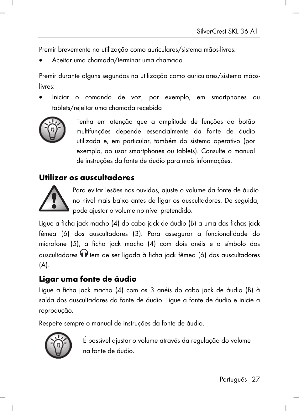 Utilizar os auscultadores, Ligar uma fonte de áudio | Silvercrest SKL 36 A1 User Manual | Page 29 / 64