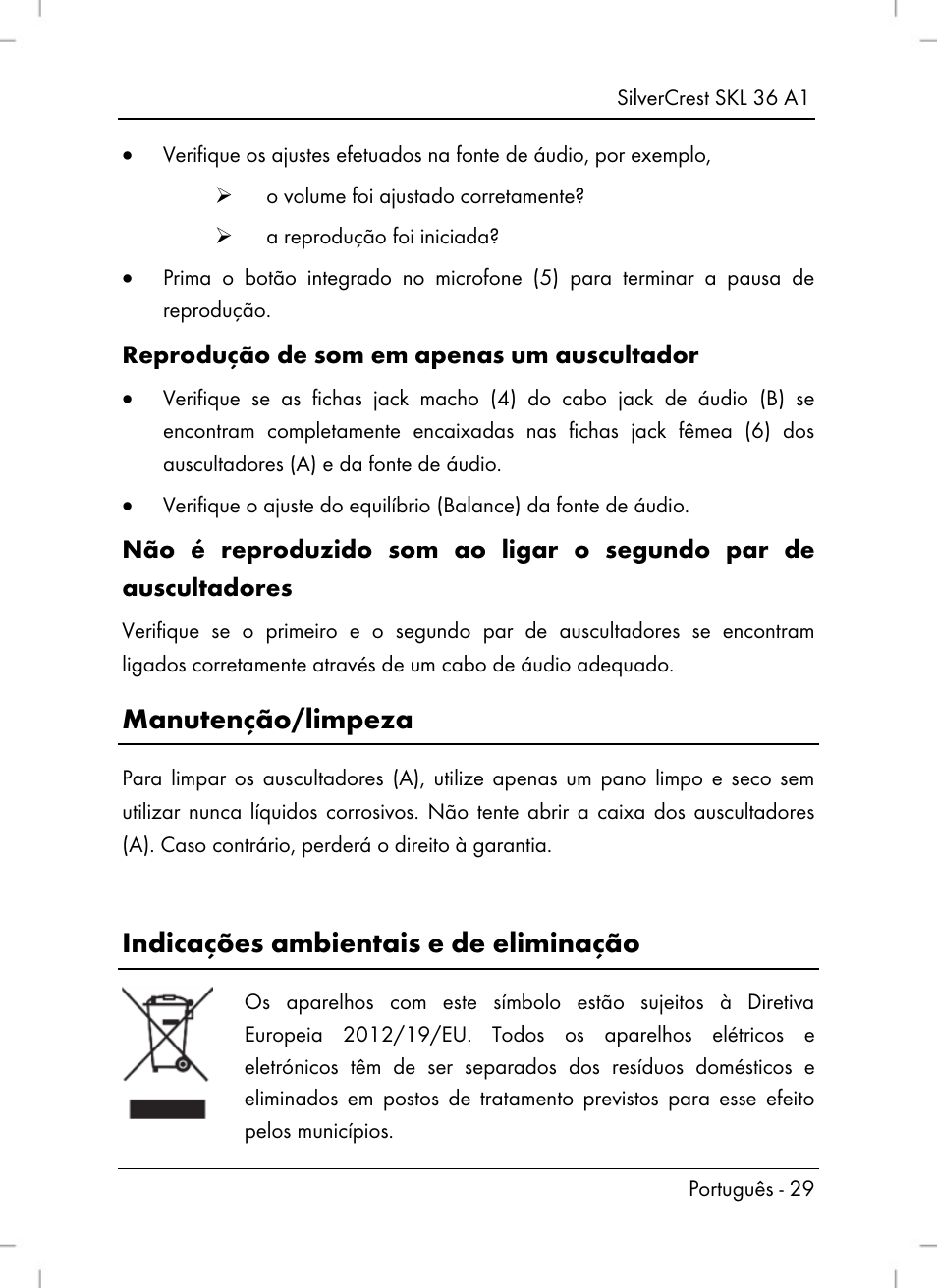 Manutenção/limpeza, Indicações ambientais e de eliminação | Silvercrest SKL 36 A1 User Manual | Page 31 / 64