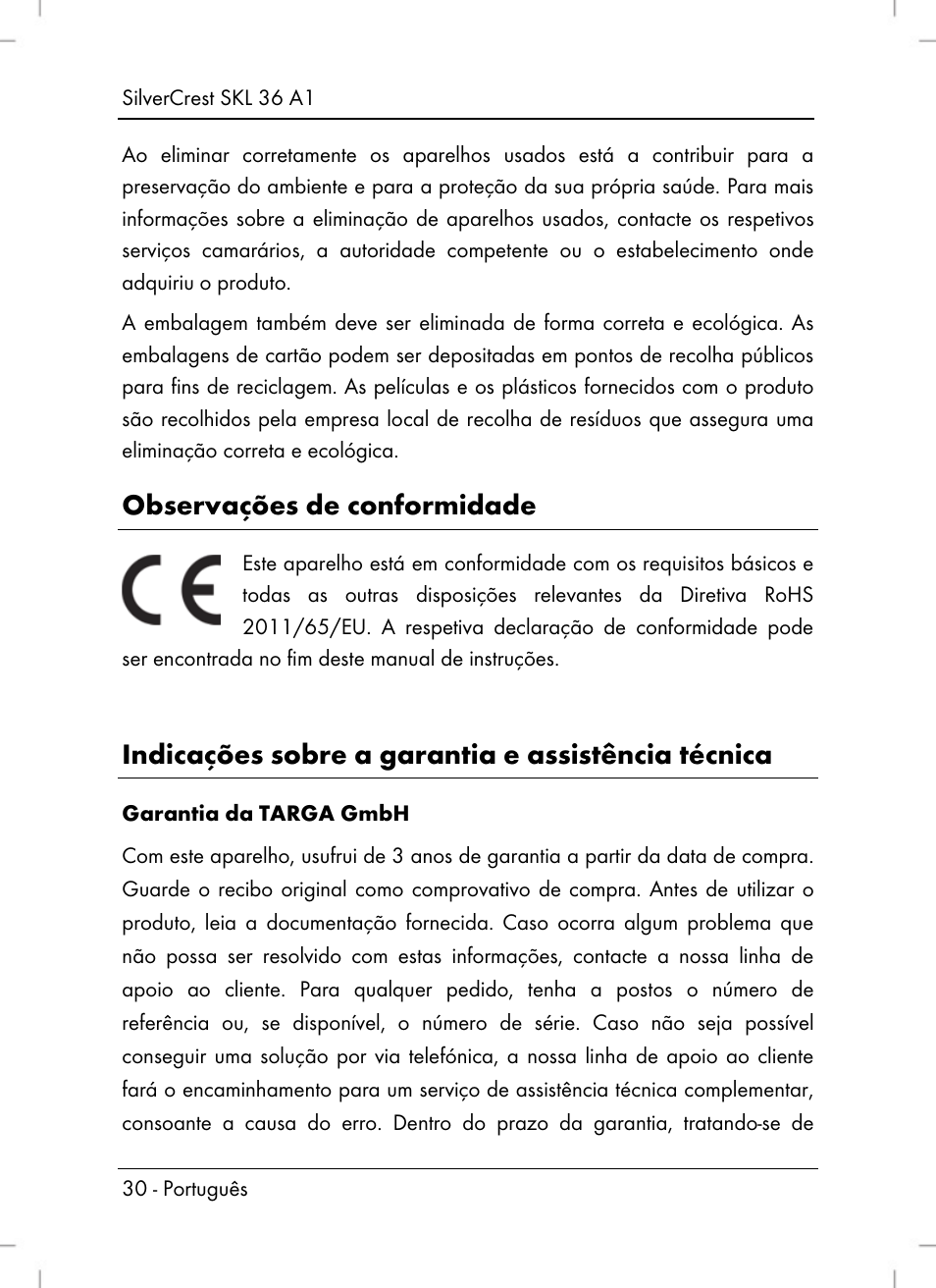 Observações de conformidade, Indicações sobre a garantia e assistência técnica | Silvercrest SKL 36 A1 User Manual | Page 32 / 64