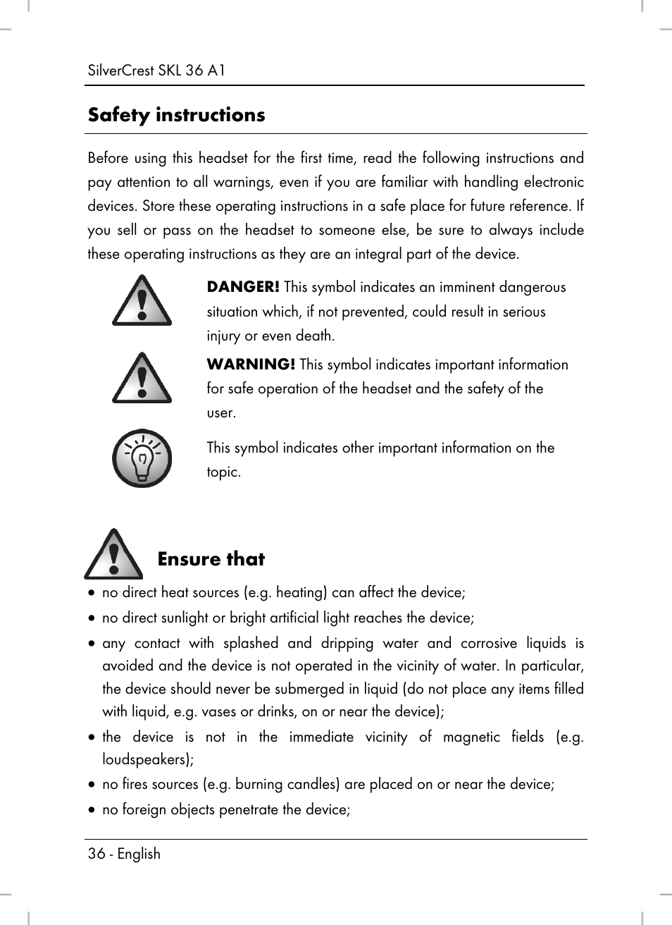Safety instructions, Ensure that | Silvercrest SKL 36 A1 User Manual | Page 38 / 64