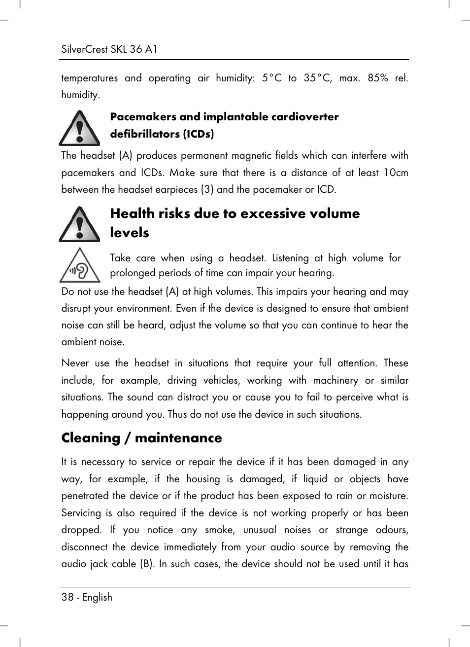 Health risks due to excessive volume levels, Cleaning / maintenance | Silvercrest SKL 36 A1 User Manual | Page 40 / 64