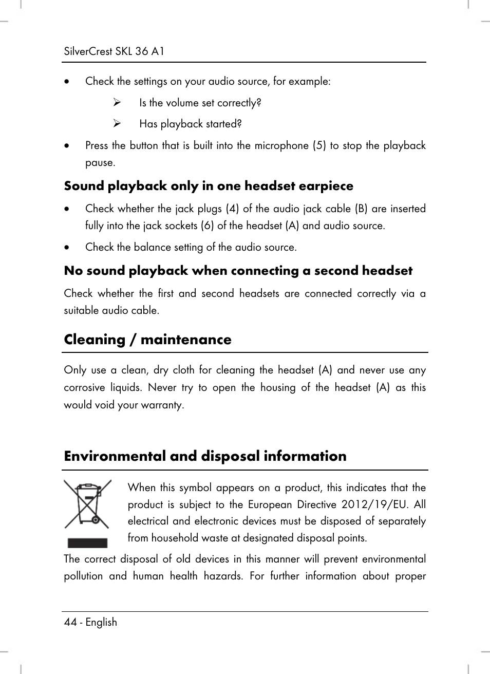 Cleaning / maintenance, Environmental and disposal information | Silvercrest SKL 36 A1 User Manual | Page 46 / 64