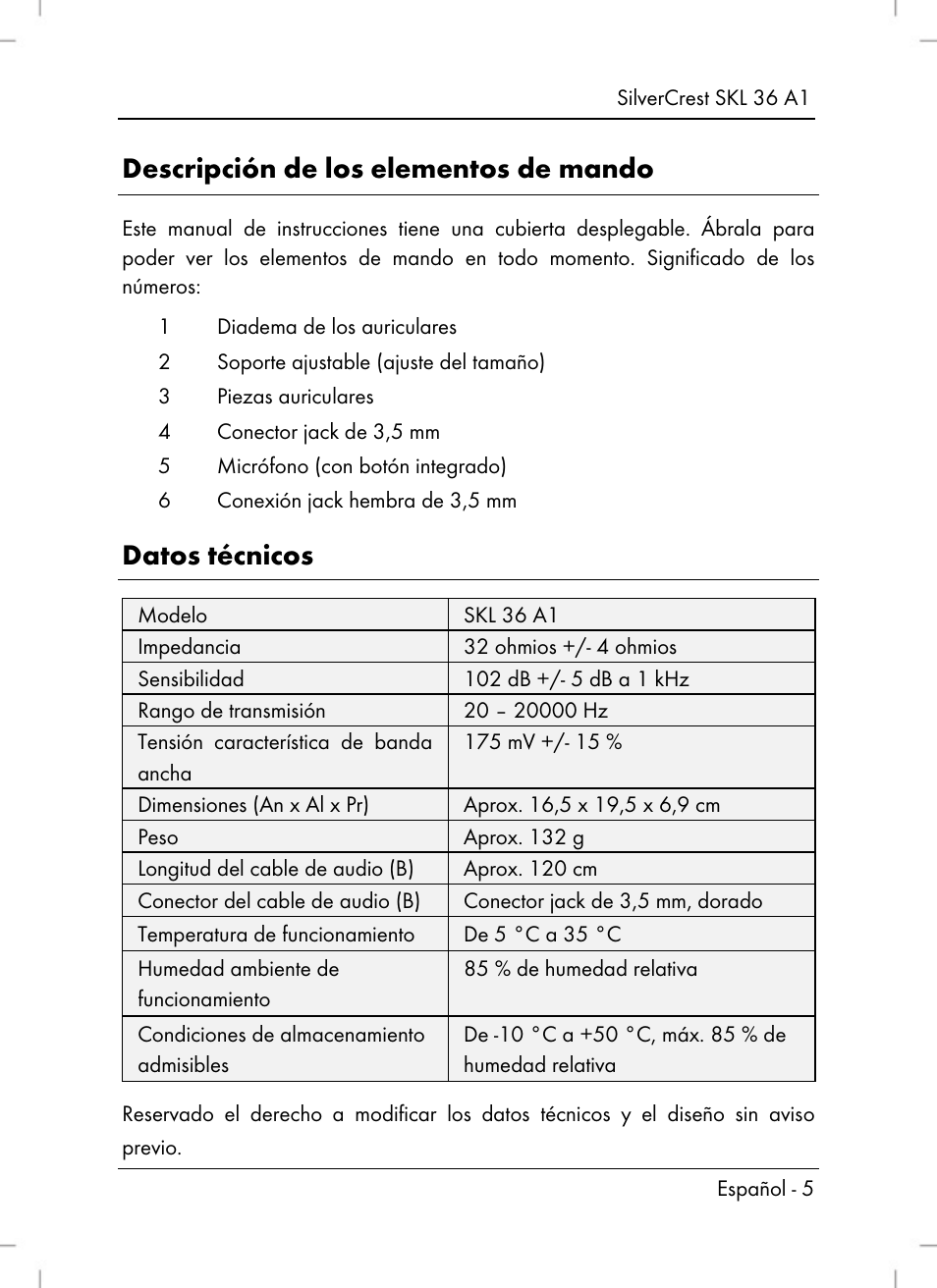 Descripción de los elementos de mando, Datos técnicos | Silvercrest SKL 36 A1 User Manual | Page 7 / 64