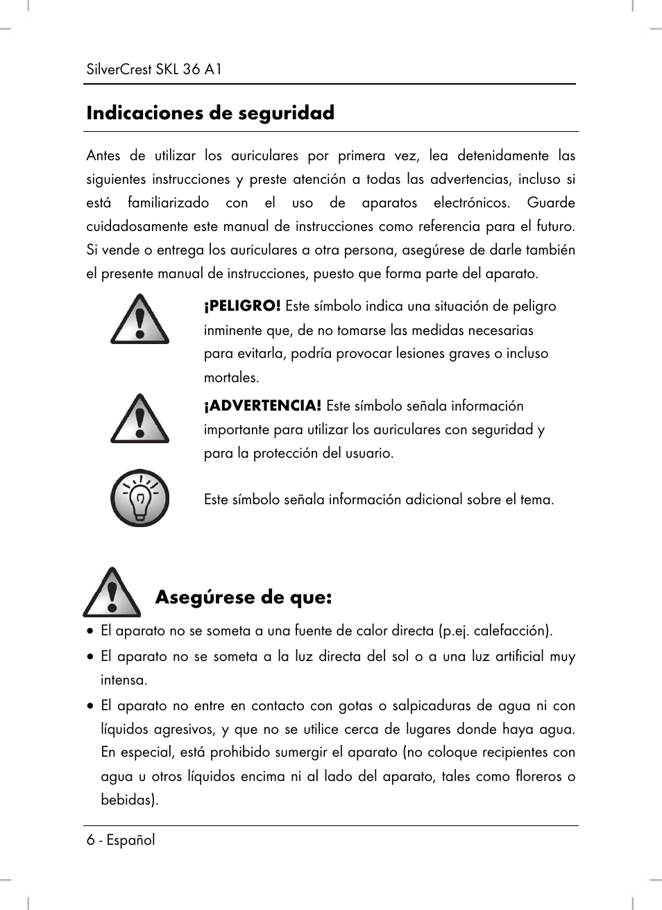 Indicaciones de seguridad, Asegúrese de que | Silvercrest SKL 36 A1 User Manual | Page 8 / 64