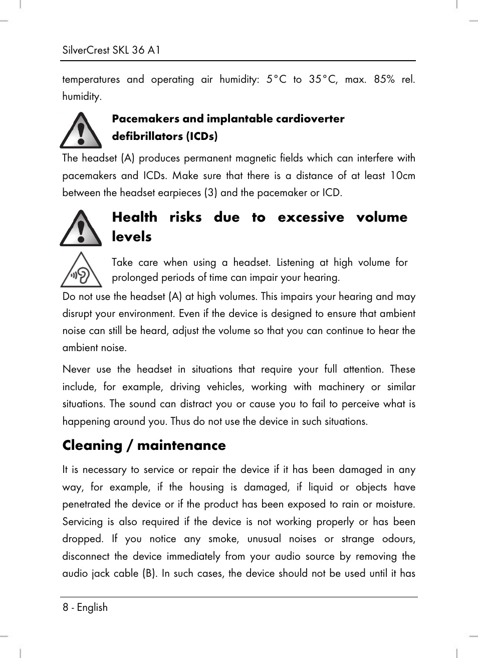 Health risks due to excessive volume levels, Cleaning / maintenance | Silvercrest SKL 36 A1 User Manual | Page 10 / 94
