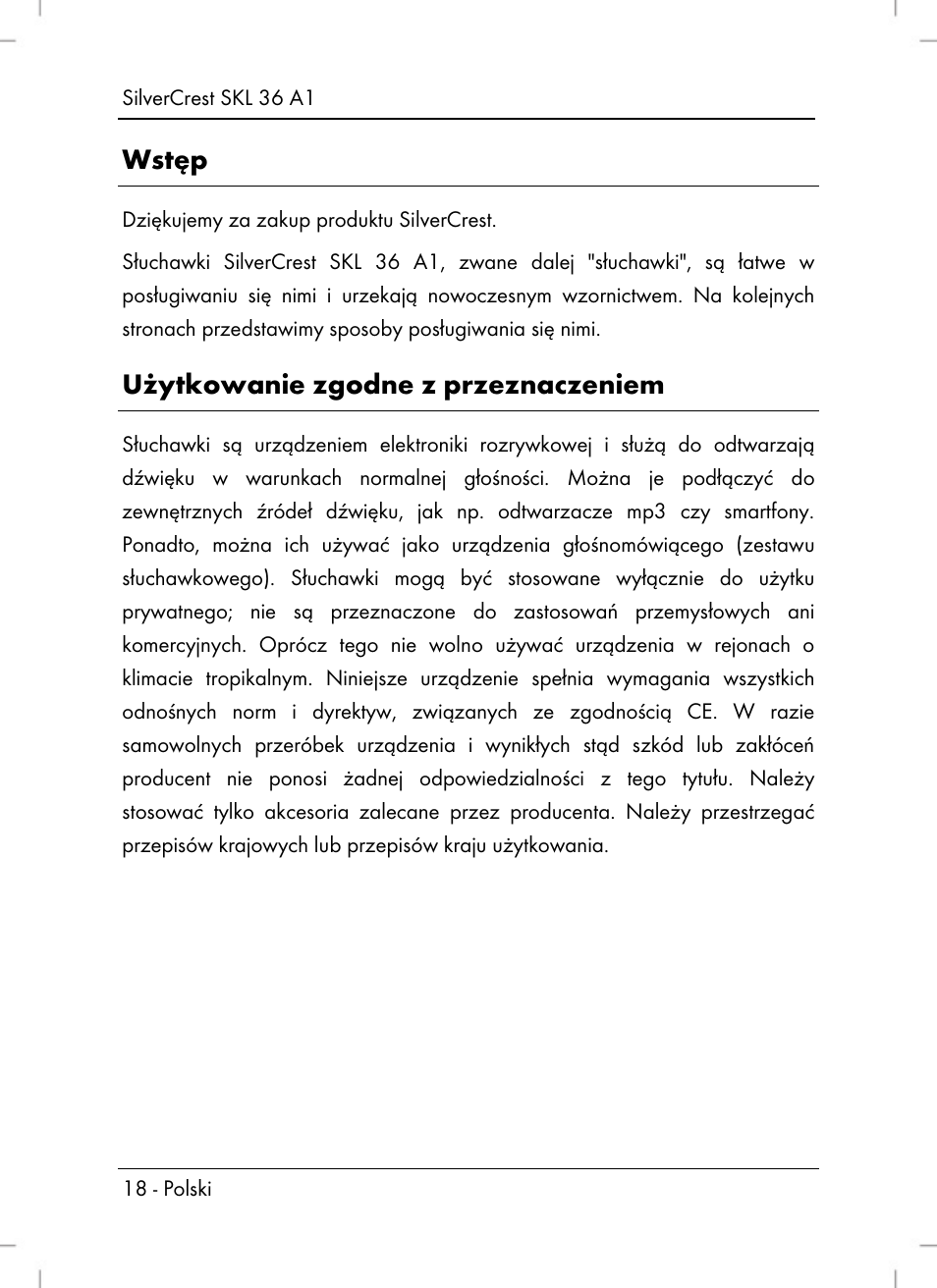 Wstęp, Użytkowanie zgodne z przeznaczeniem | Silvercrest SKL 36 A1 User Manual | Page 20 / 94