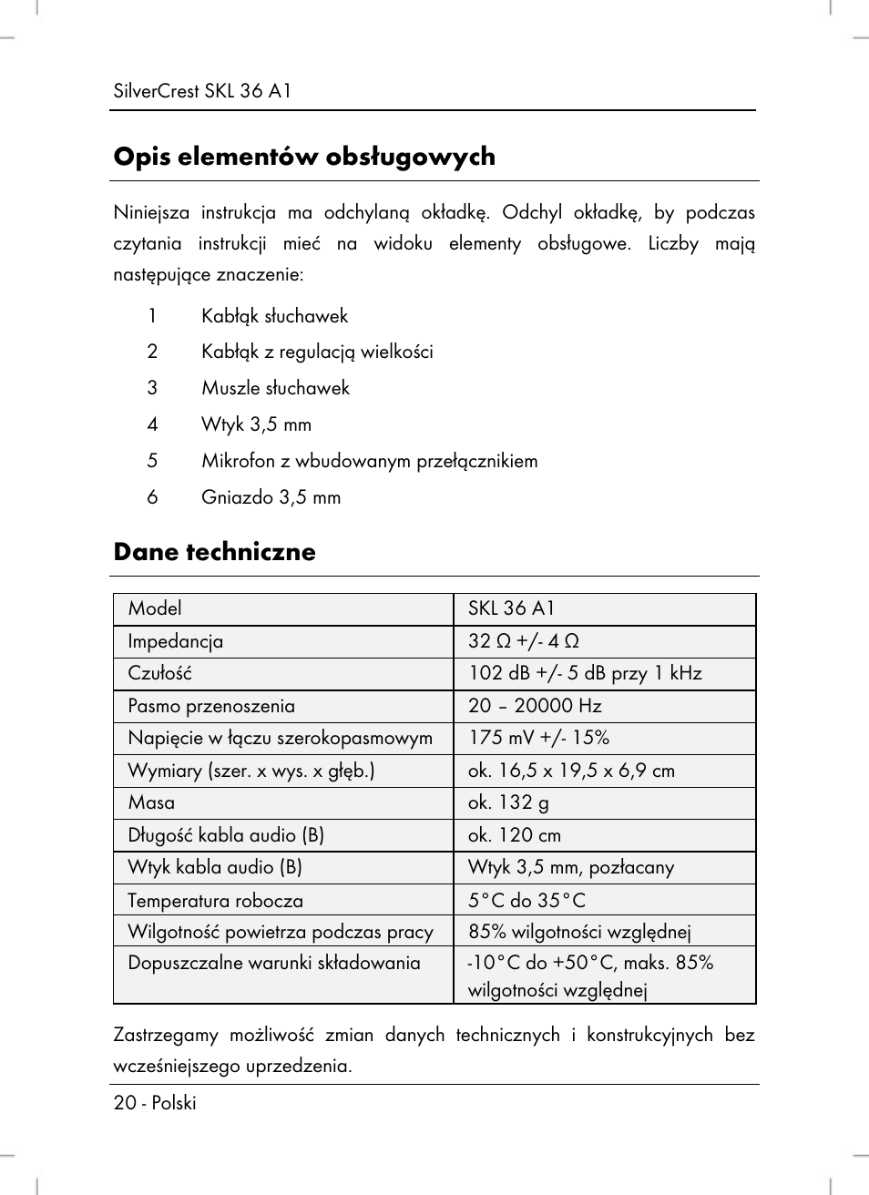 Opis elementów obsługowych, Dane techniczne | Silvercrest SKL 36 A1 User Manual | Page 22 / 94