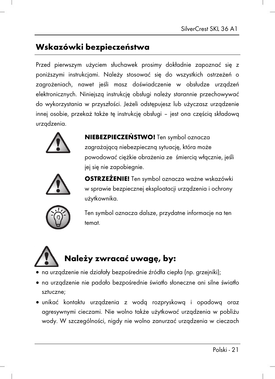 Wskazówki bezpieczeństwa, Należy zwracać uwagę, by | Silvercrest SKL 36 A1 User Manual | Page 23 / 94