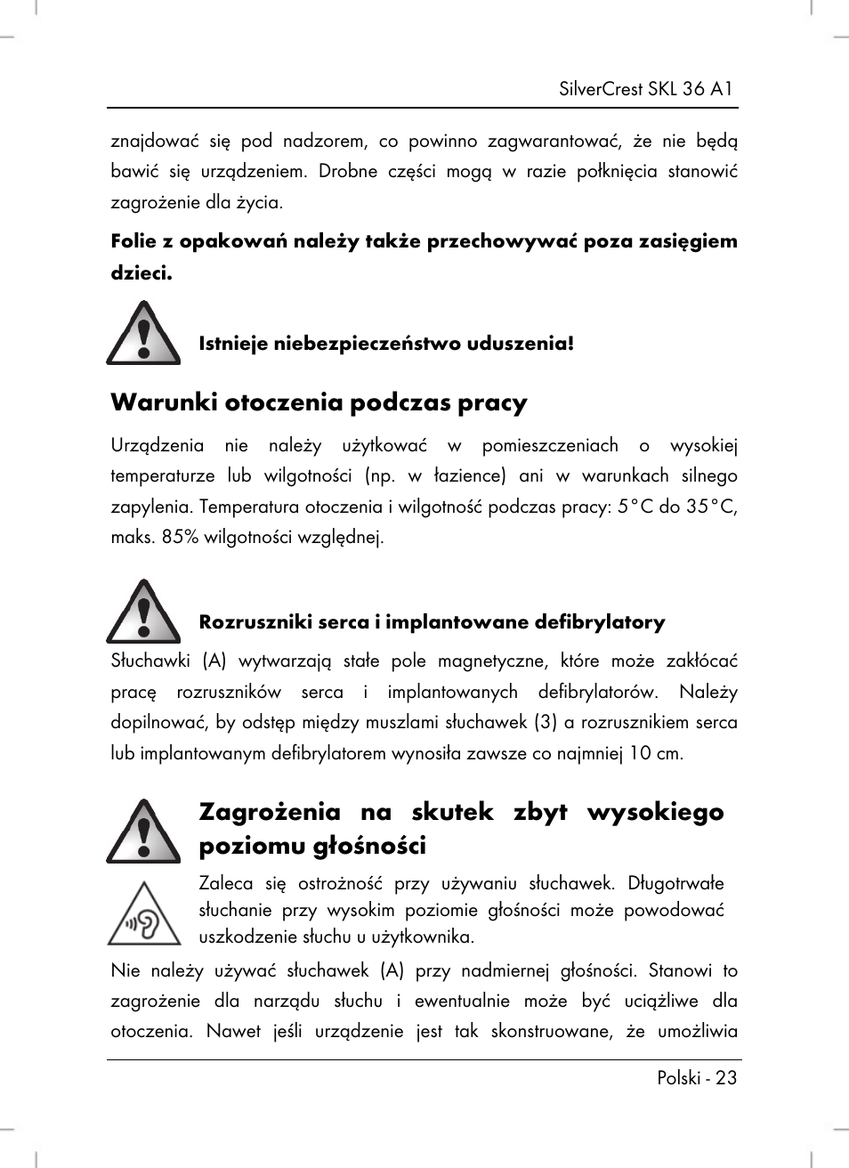 Warunki otoczenia podczas pracy | Silvercrest SKL 36 A1 User Manual | Page 25 / 94