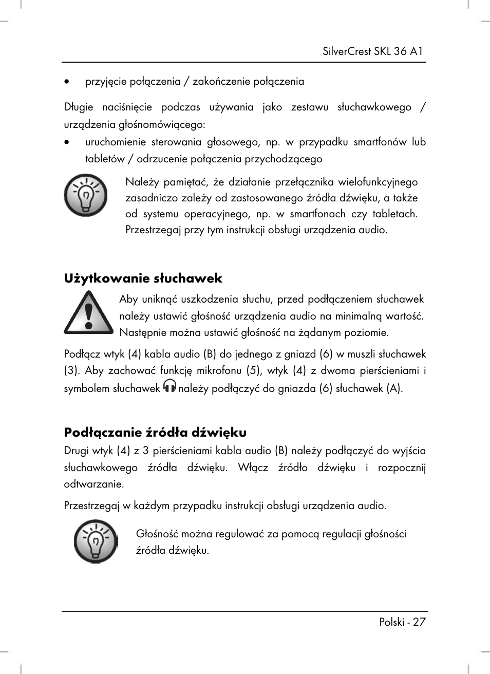 Użytkowanie słuchawek, Podłączanie źródła dźwięku | Silvercrest SKL 36 A1 User Manual | Page 29 / 94