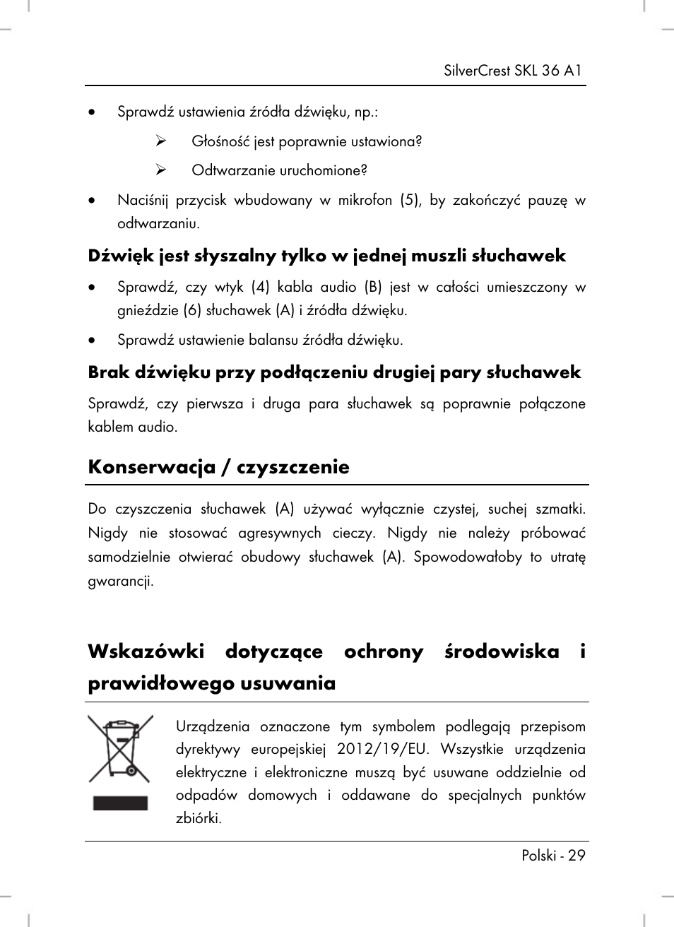 Konserwacja / czyszczenie | Silvercrest SKL 36 A1 User Manual | Page 31 / 94