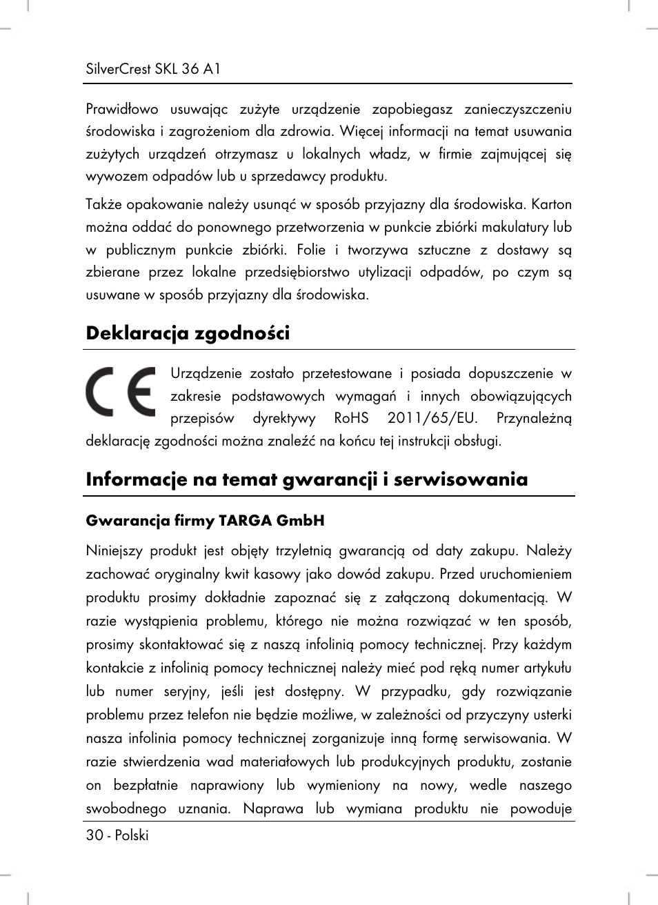 Deklaracja zgodności, Informacje na temat gwarancji i serwisowania | Silvercrest SKL 36 A1 User Manual | Page 32 / 94