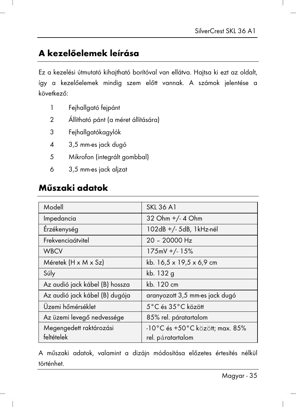 A kezelőelemek leírása, Műszaki adatok | Silvercrest SKL 36 A1 User Manual | Page 37 / 94