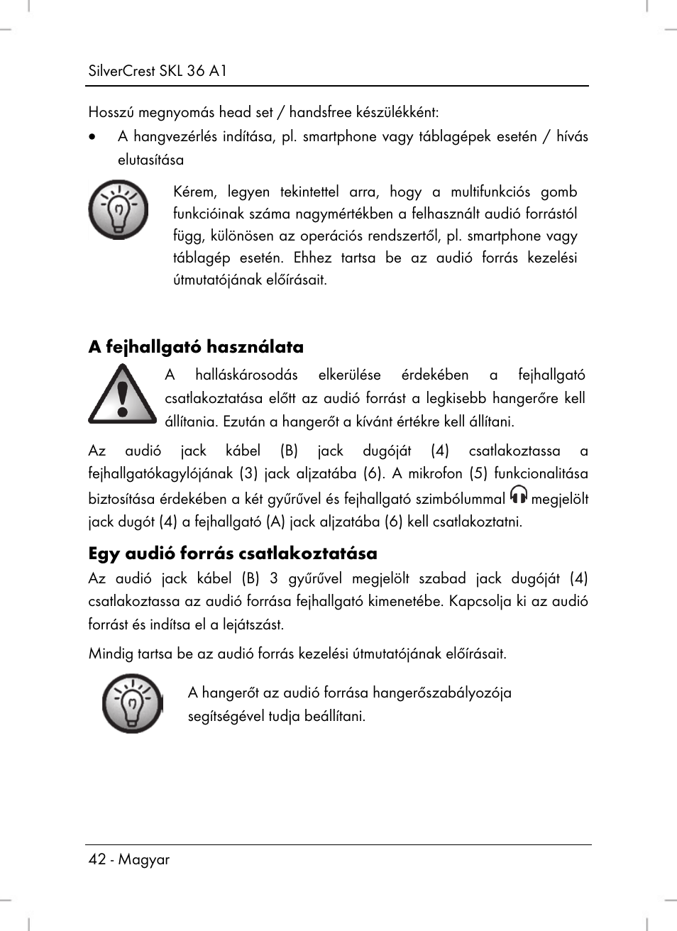 A fejhallgató használata, Egy audió forrás csatlakoztatása | Silvercrest SKL 36 A1 User Manual | Page 44 / 94