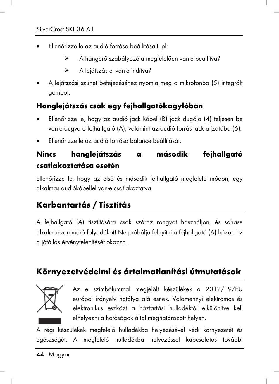 Karbantartás / tisztítás, Környezetvédelmi és ártalmatlanítási útmutatások | Silvercrest SKL 36 A1 User Manual | Page 46 / 94