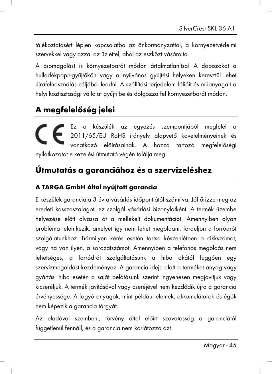 A megfelelőség jelei, Útmutatás a garanciához és a szervizeléshez | Silvercrest SKL 36 A1 User Manual | Page 47 / 94