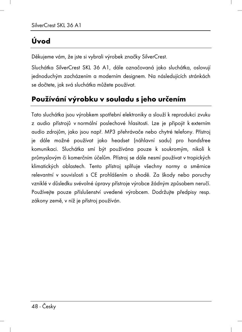 Úvod, Používání výrobku v souladu s jeho určením | Silvercrest SKL 36 A1 User Manual | Page 50 / 94