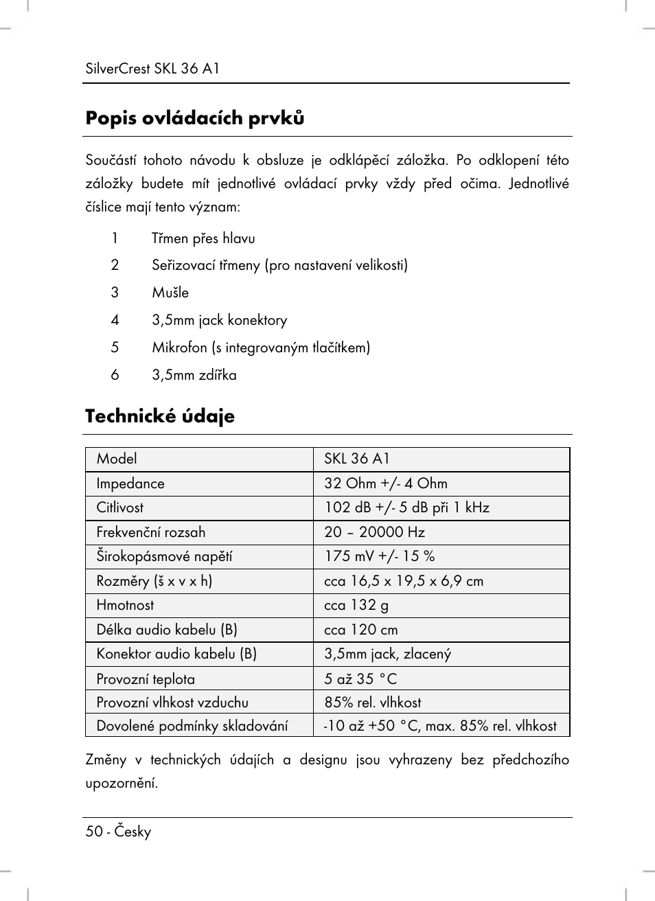 Popis ovládacích prvků, Technické údaje | Silvercrest SKL 36 A1 User Manual | Page 52 / 94