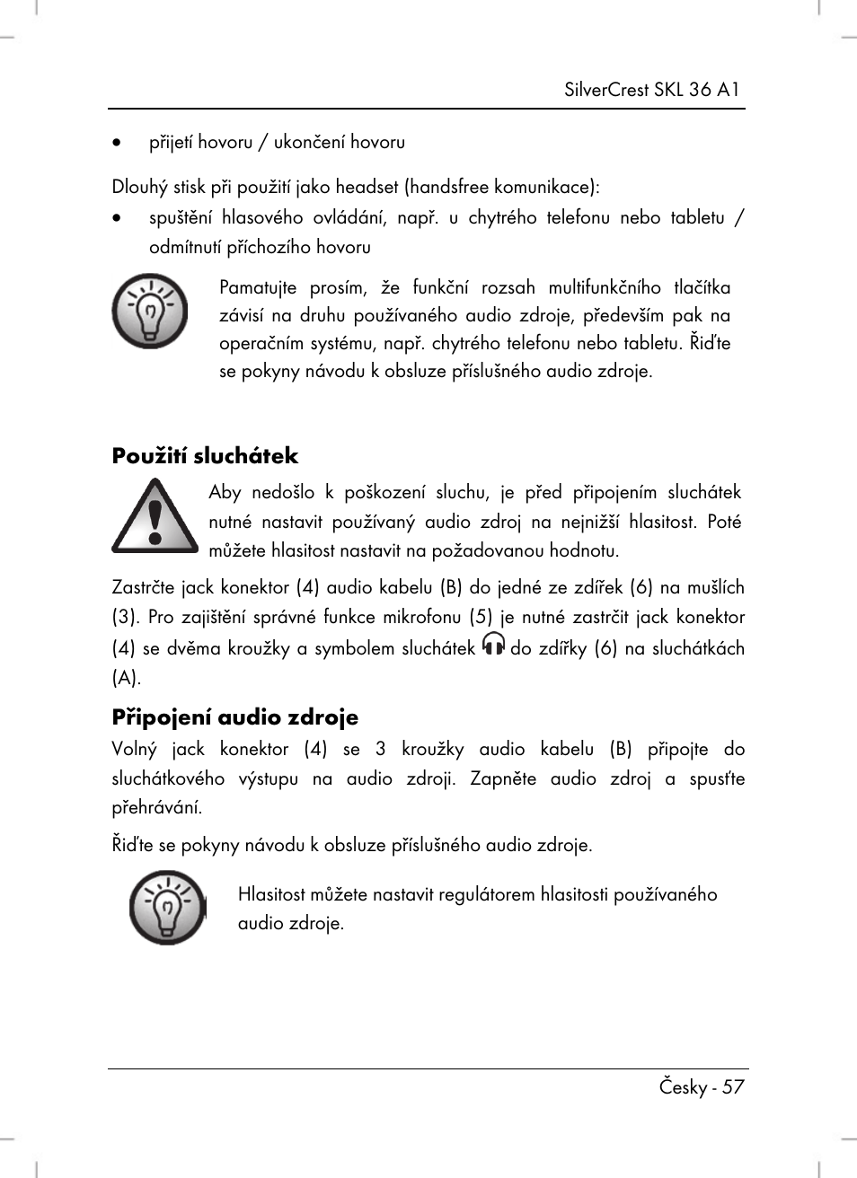 Použití sluchátek, Připojení audio zdroje | Silvercrest SKL 36 A1 User Manual | Page 59 / 94