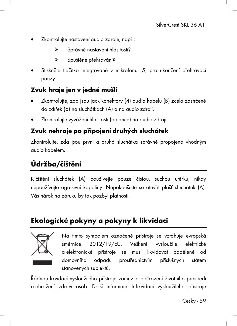 Údržba/čištění, Ekologické pokyny a pokyny k likvidaci | Silvercrest SKL 36 A1 User Manual | Page 61 / 94