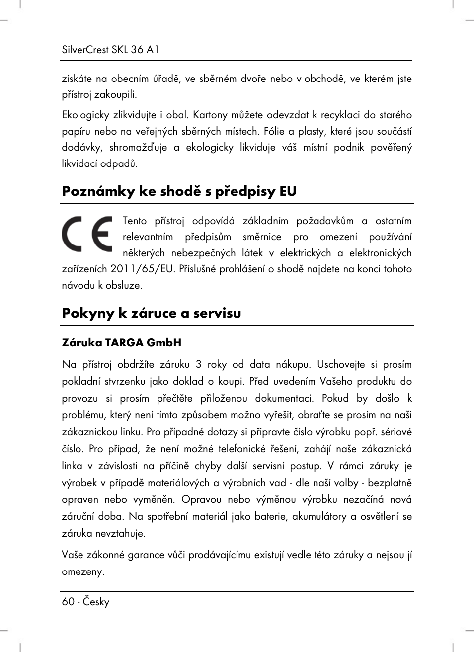 Poznámky ke shodě s předpisy eu, Pokyny k záruce a servisu | Silvercrest SKL 36 A1 User Manual | Page 62 / 94