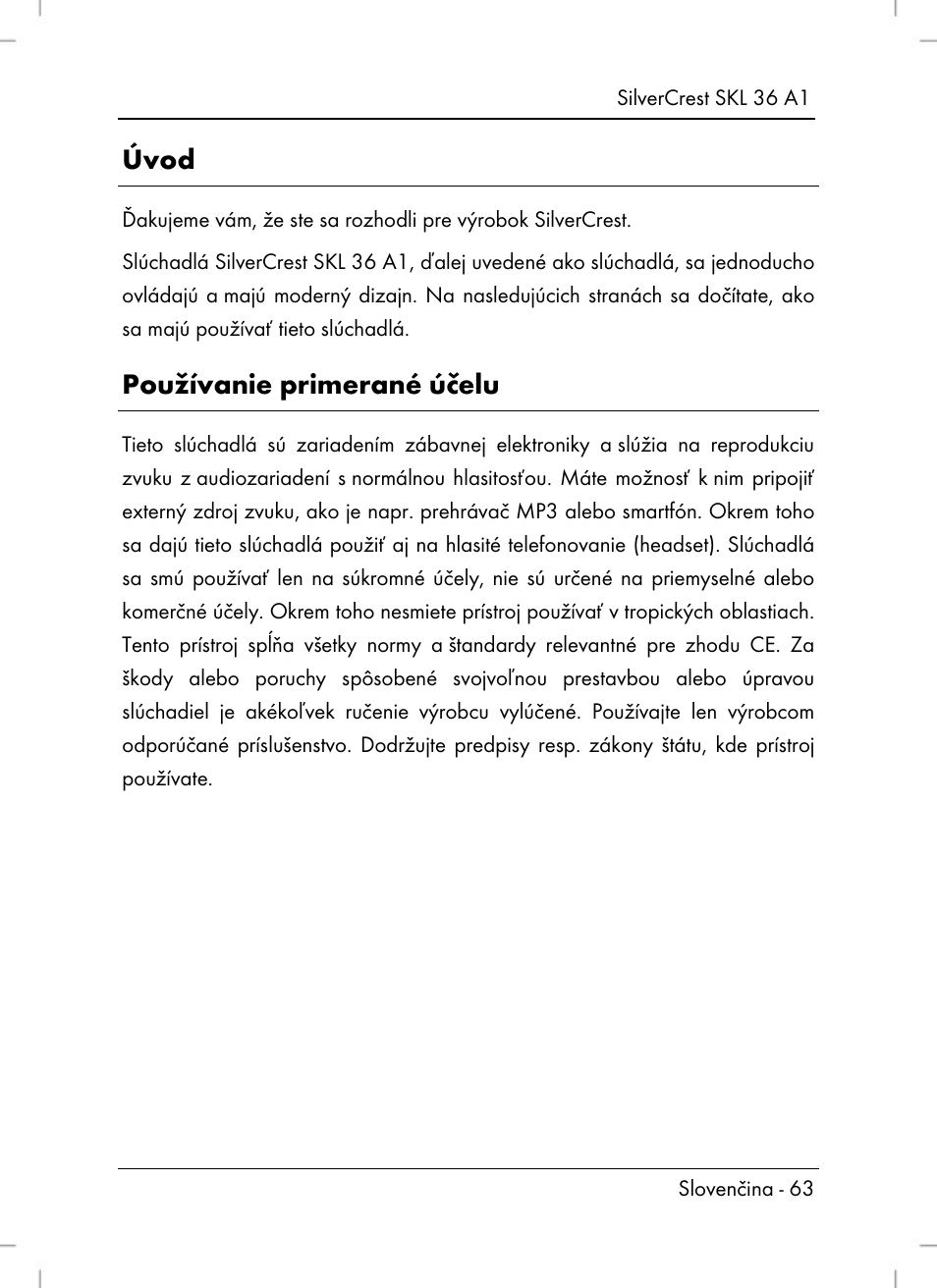 Úvod, Používanie primerané účelu | Silvercrest SKL 36 A1 User Manual | Page 65 / 94
