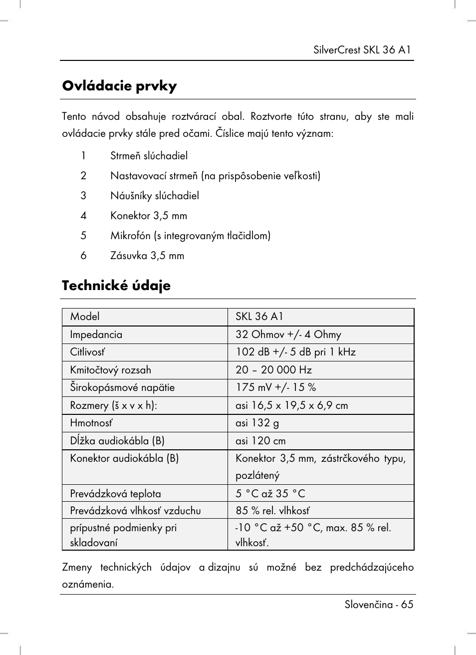 Ovládacie prvky, Technické údaje | Silvercrest SKL 36 A1 User Manual | Page 67 / 94