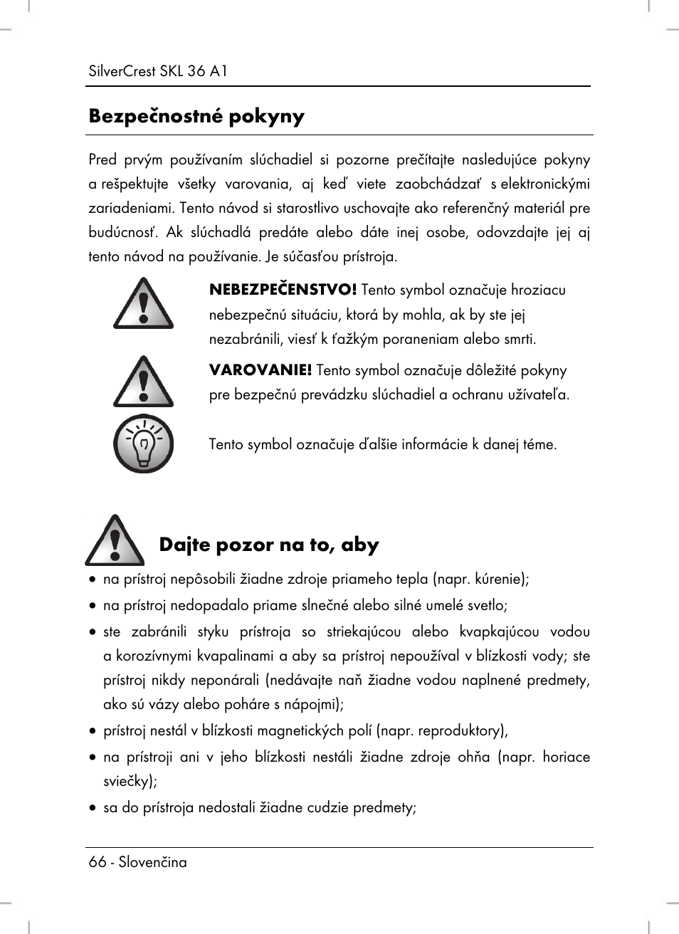 Bezpečnostné pokyny, Dajte pozor na to, aby | Silvercrest SKL 36 A1 User Manual | Page 68 / 94