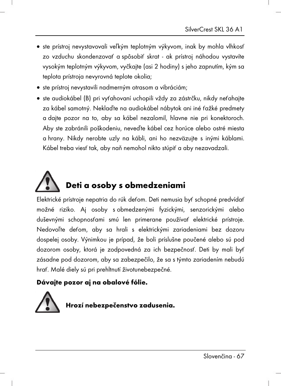 Deti a osoby s obmedzeniami | Silvercrest SKL 36 A1 User Manual | Page 69 / 94