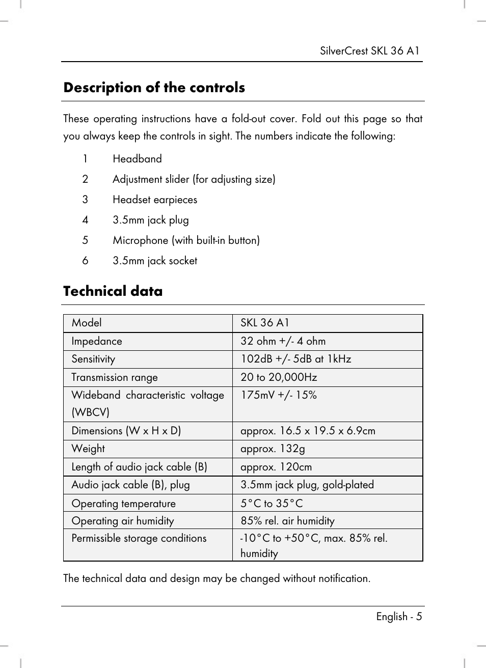 Description of the controls, Technical data | Silvercrest SKL 36 A1 User Manual | Page 7 / 94