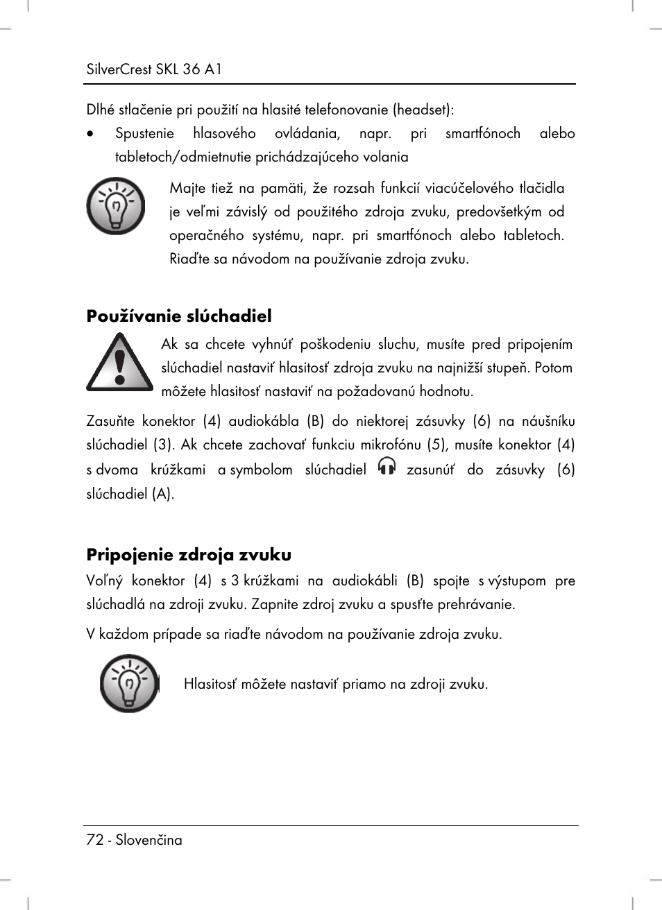 Používanie slúchadiel, Pripojenie zdroja zvuku | Silvercrest SKL 36 A1 User Manual | Page 74 / 94
