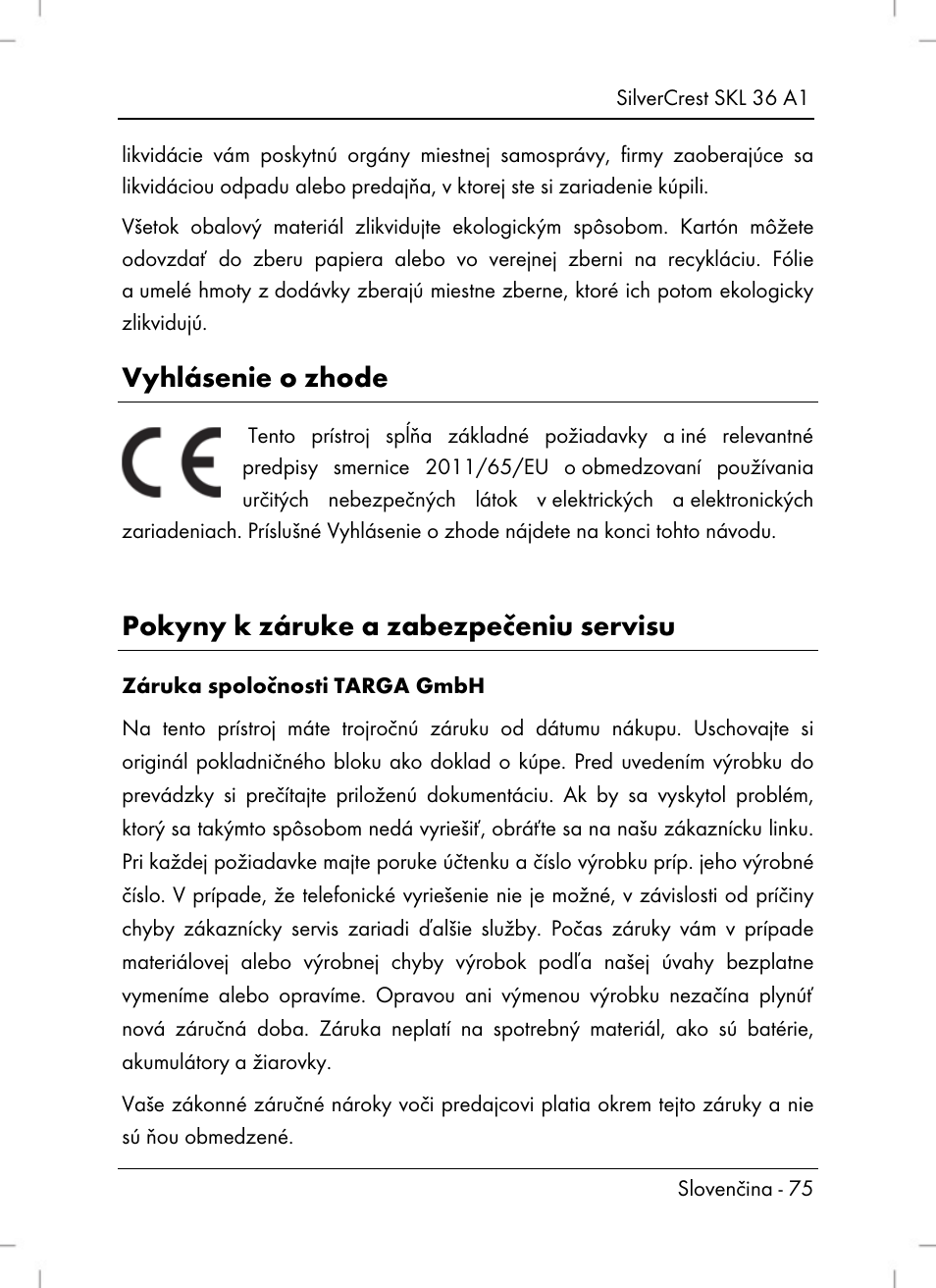 Vyhlásenie o zhode, Pokyny k záruke a zabezpečeniu servisu | Silvercrest SKL 36 A1 User Manual | Page 77 / 94