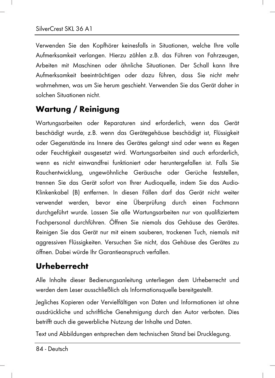 Wartung / reinigung, Urheberrecht | Silvercrest SKL 36 A1 User Manual | Page 86 / 94