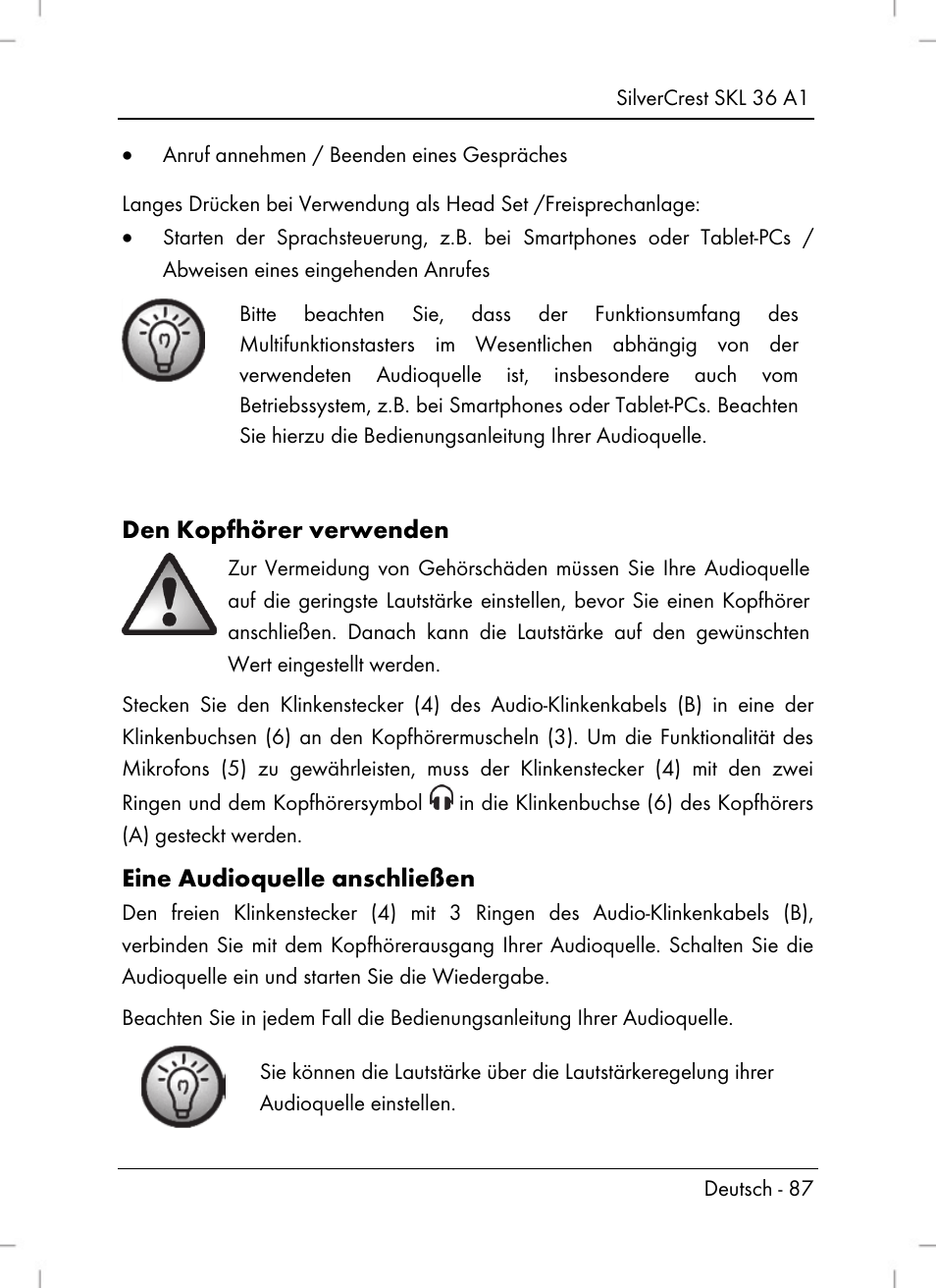 Den kopfhörer verwenden, Eine audioquelle anschließen | Silvercrest SKL 36 A1 User Manual | Page 89 / 94