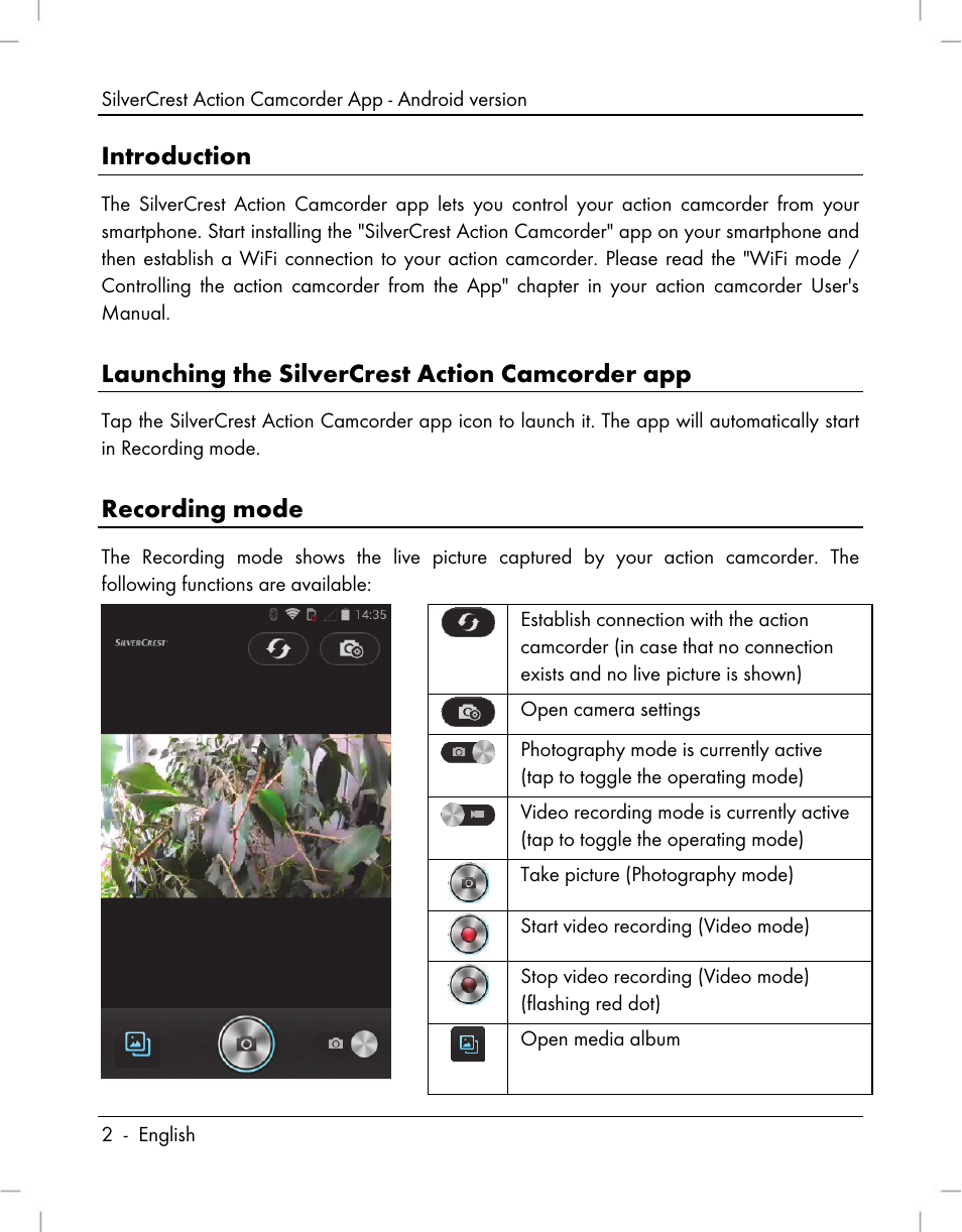 Introduction, Launching the silvercrest action camcorder app, Recording mode | Silvercrest SCW 5 A1 Android User Manual | Page 2 / 6